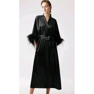 PRODESIGN Shiny Satin Kimono Long Robe Ostrich Feather Trim Black One Size Glam